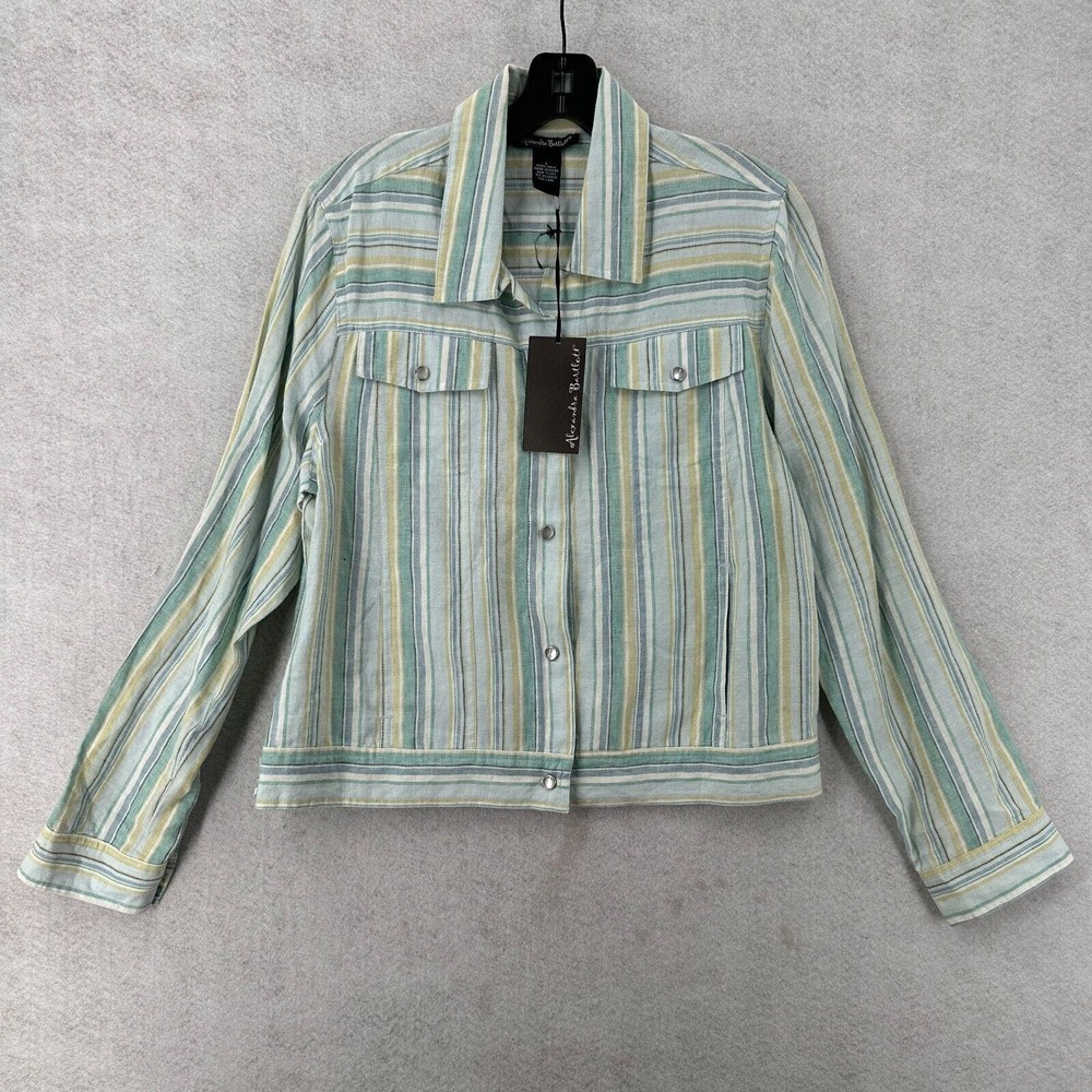 NWT Alexandra Bartlett Top LARGE Striped 100% Linen Button Down‎ Collar Shacket